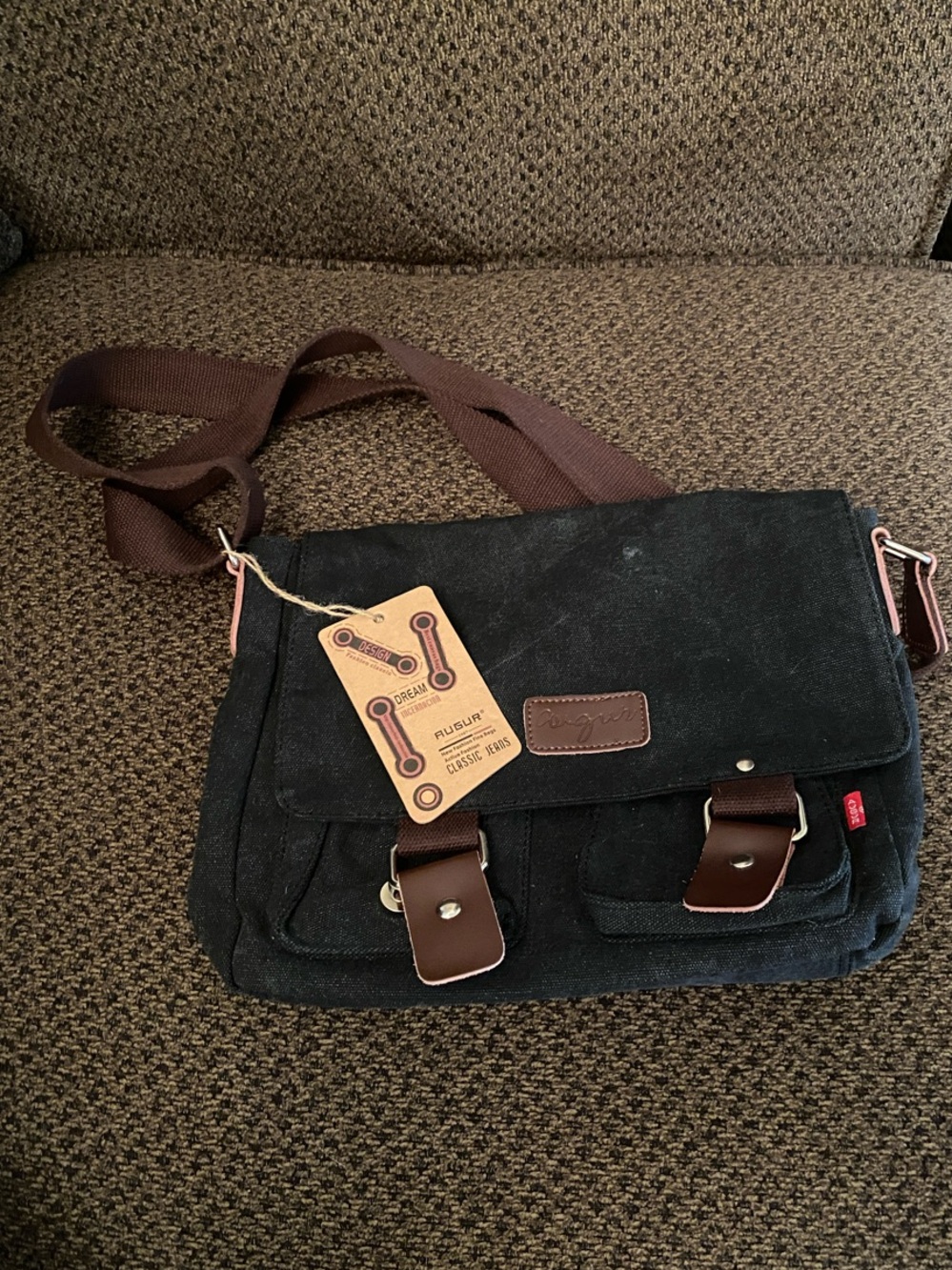 Canvas Satchel Crossbody Bag in Black with Brown Trim - Women's Satchel